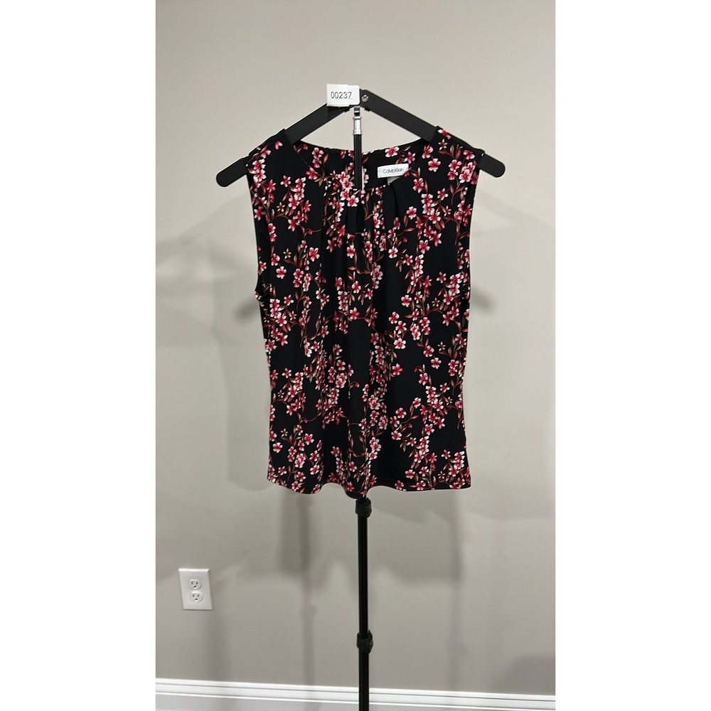 Calvin Klein Womens Sleeveless Floral Pleated Neck Blouse Black Pink Medium